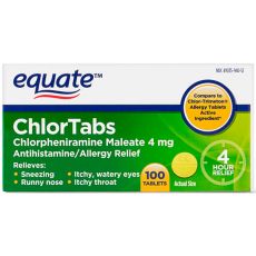 Облегчение аллергии, облегчение чихания, насморк, зуд, слезотечение, зуд в горле Equate ChlorTabs 100 таблеток