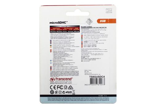 Micro SDHC Transcend класс 4, 8GB, черный